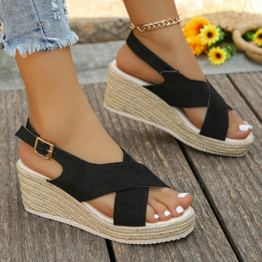 Platform Sandals for Women ⎜ Comfortable Summer Shoes with Snake Embossing and Jute Edging in a Shiny Look