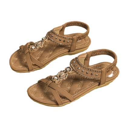 Flat Sandals for Women ⎜ Comfortable Summer Shoes with an Elasticated Strap and Sparkling Decorative Stones