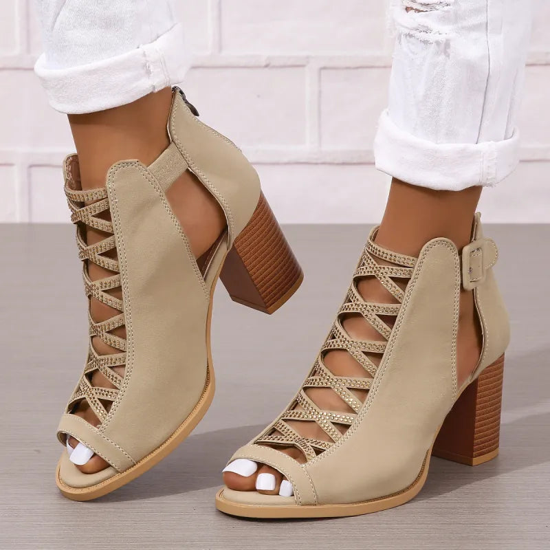 Women's High Heel Sandals ⎜ Elegant Summer Shoes with Block Heel and Fashionable Lacing for Everyday Wear & Events