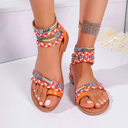 Flat Sandals for Women ⎜ Ethnic Style with Colourful Braided Straps and Zip