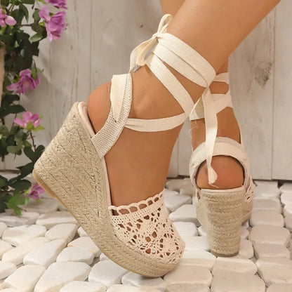 Wedge Heel Sandals for Women ⎜ Summery High Heels with a Raffia Sole and Elegant Lacing