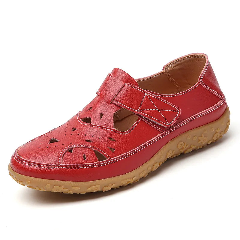 Women's Summer Shoes with Velcro Fastening ⎜ Comfortable Flats with Perforated Pattern and Non - Slip Sole