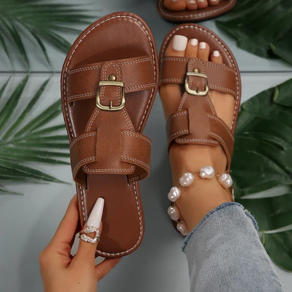 Flat Sandals for Women ⎜ Comfortable Shoes with Square Buckle and Adjustable Strap