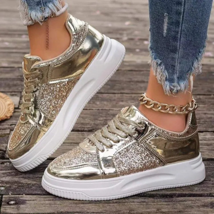 Women's Trainers ⎜ Shiny Lace - Up Shoes with a Glitter Effect and Thick Sole Tread for Everyday Wear