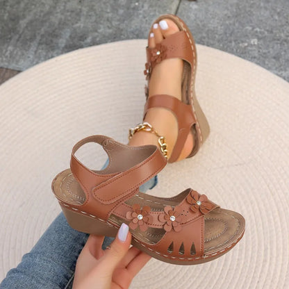 Women's Wedge Sandals ⎜ Floral Design with Adjustable Strap and Flat Sole for Comfort