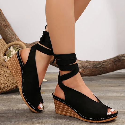 Women's Wedge Sandals with Laces ⎜ Comfortable Summer Shoes with a Round Toe and Open Toe Section