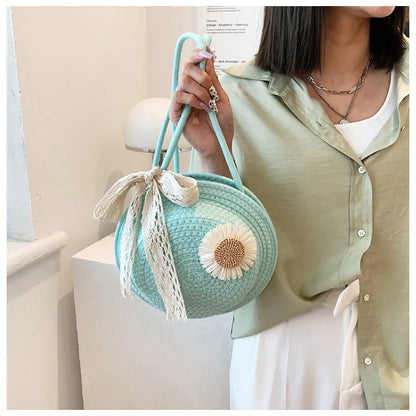 Women's Basket Bag ⎜ Handmade Shoulder Bag Made From Straw Wire with a Playful Floral Design