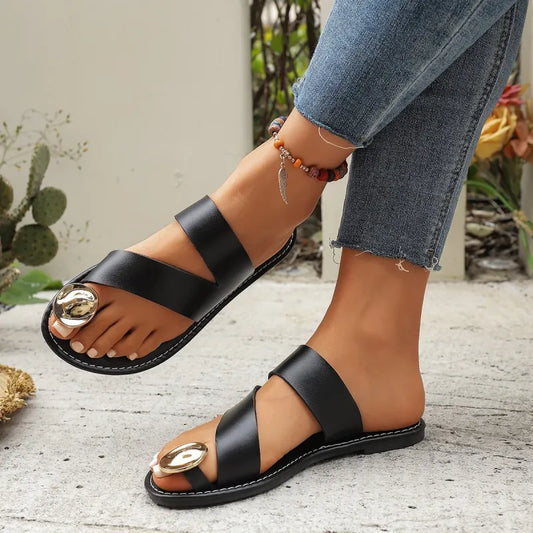 Flat Sandals for Women ⎜ Comfortable , Round Toe Cover with Shiny Design