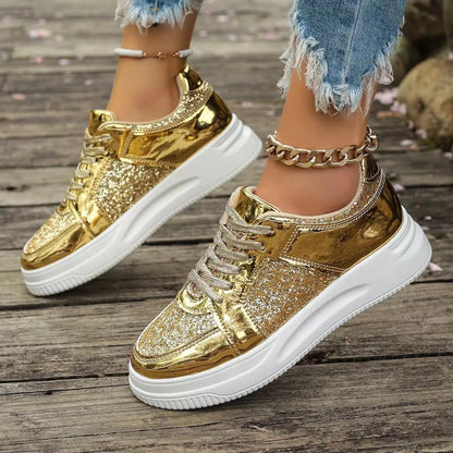 Women's Trainers ⎜ Shiny Lace - Up Shoes with a Glitter Effect and Thick Sole Tread for Everyday Wear