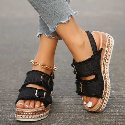 Women's Platform Sandals with Double Buckle ⎜ Stylish Summer Shoes with a Retro Look for the Beach and Leisure Time
