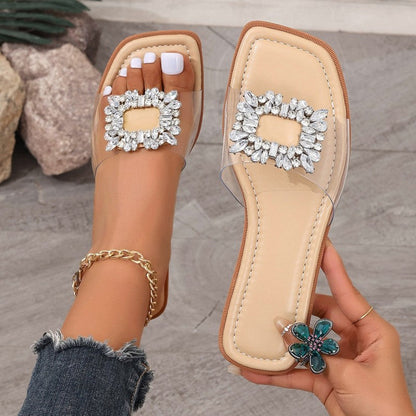 Simple Flat Sandals for Women ⎜ Transparent Summer Shoes with Rhinestone Appliqués and an Elegant Design