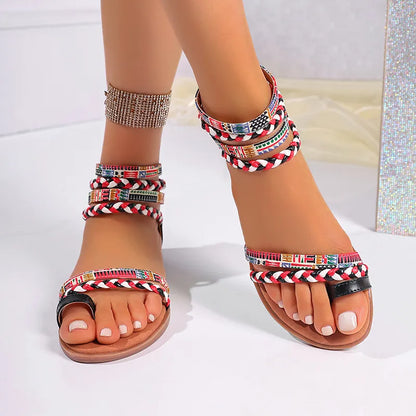 Flat Sandals for Women ⎜ Ethnic Style with Colourful Braided Straps and Zip