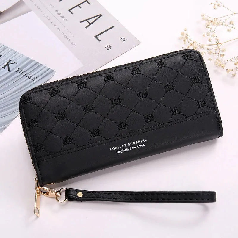 Women's Clutch with Crown Embroidery ⎜ Long Zip and Practical Design with Wrist Strap