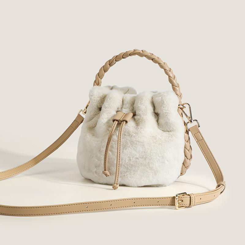 Plush Bucket Bag for Women ⎜ Soft Handbag with Braided Handle and Adjustable Shoulder Strap
