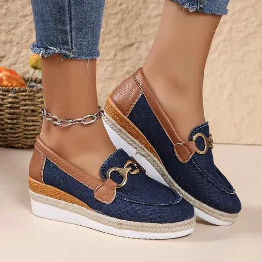 Wedge Loafers for Women ⎜ Comfortable Slip - on Shoes with Horse Chain Appliqué for Comfort and Style
