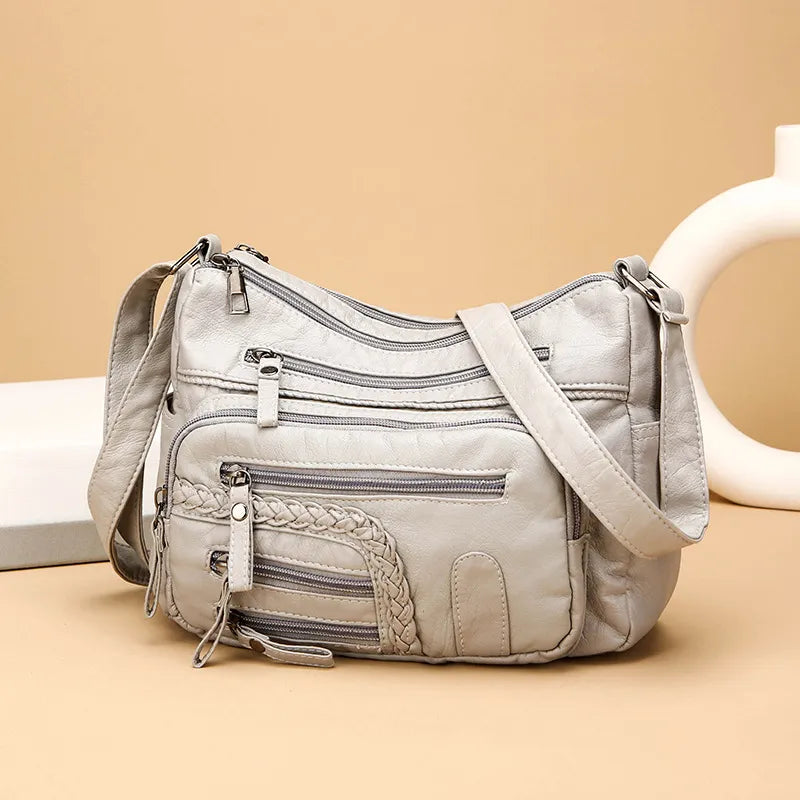 Leather Shoulder Bag for Women ⎜ Versatile Bag with Multiple Zip Pockets and a Fashionable Look