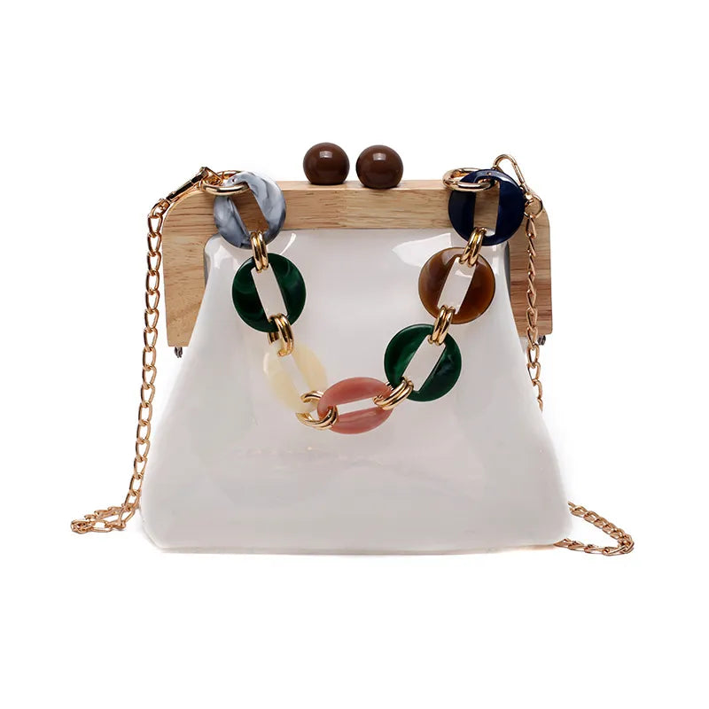 Transparent Shoulder Bag for Women ⎜ Fashionable Bag with Chain Detail and Wooden Clasp