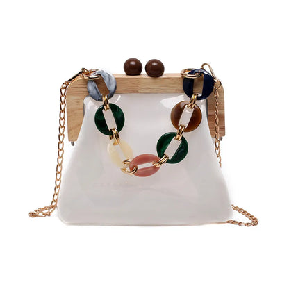 Transparent Shoulder Bag for Women ⎜ Fashionable Bag with Chain Detail and Wooden Clasp