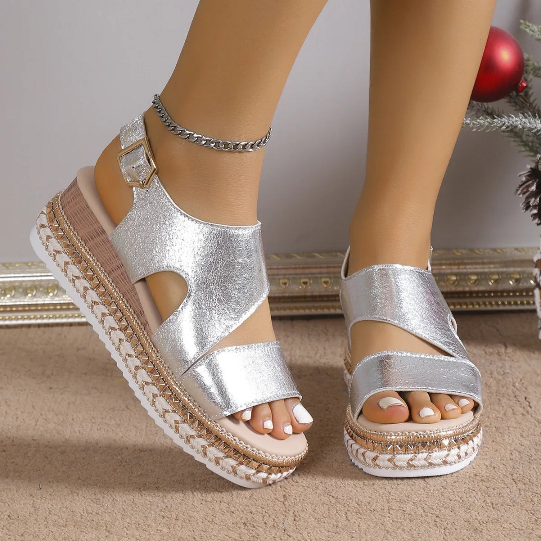 Women's Wedge Sandals ⎜ Comfortable Summer Shoes with an Elasticated Strap and Non - Slip Sole in a Metallic Look