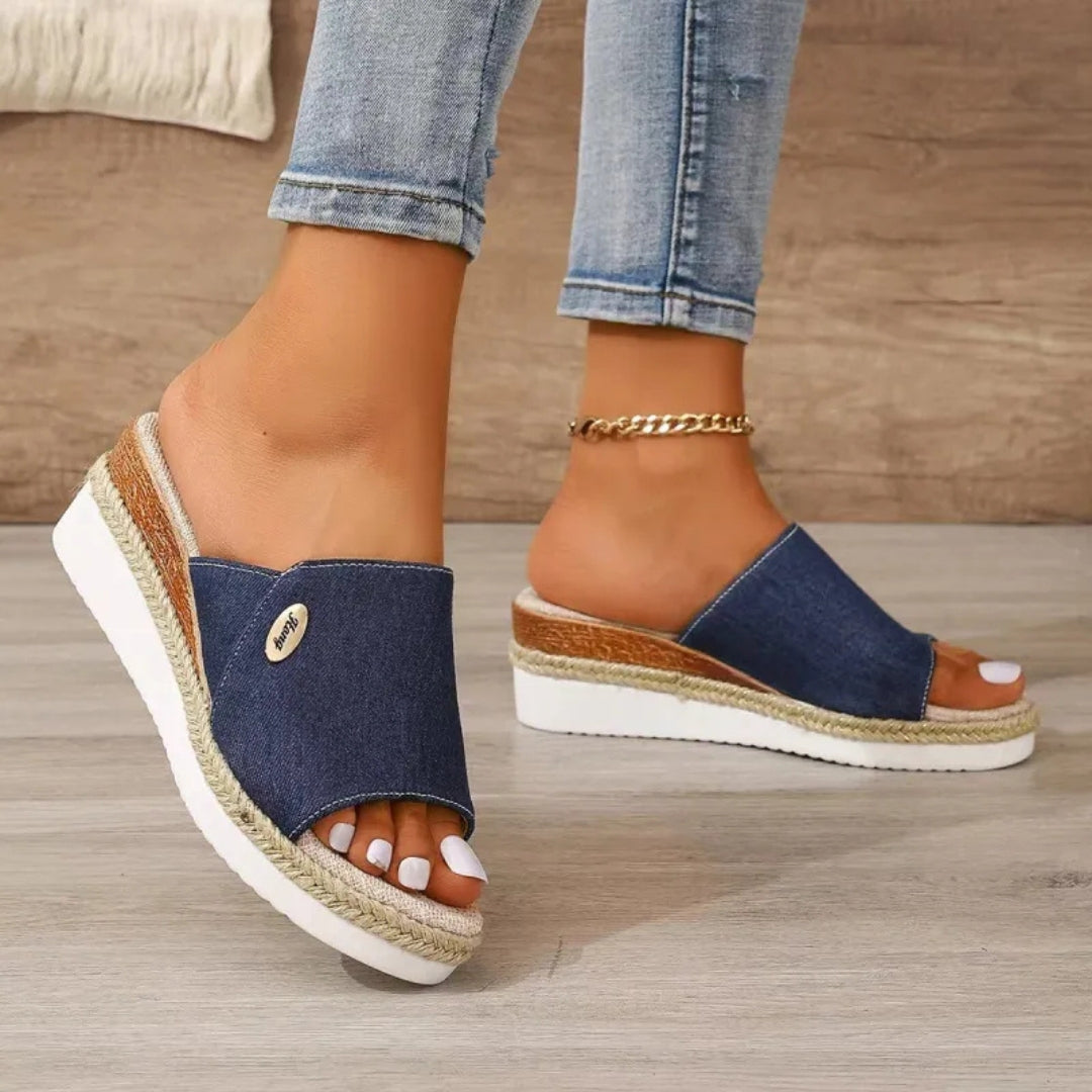 Platform Mules for Women ⎜ Comfortable Summer Shoes Made of Denim with Jute Edging and Open Toe