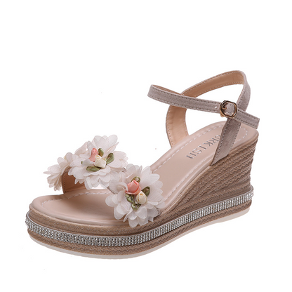 Women's Wedge Sandals Summer ⎜ Comfortable Platform Sandals with Floral Appliqués and Adjustable Ankle Strap