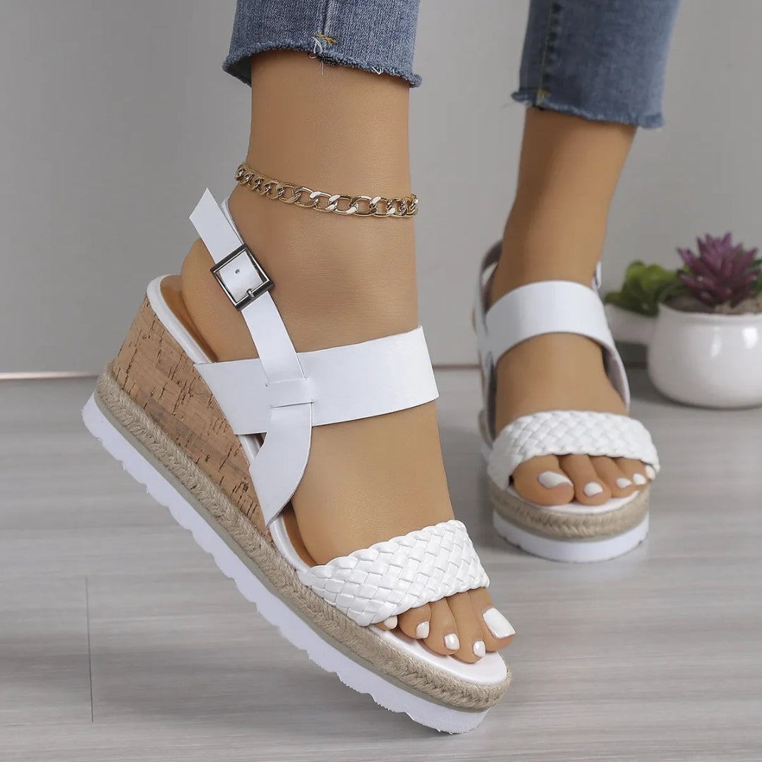 Women's Wedge Sandals ⎜ Open Summer Shoes with Ankle Strap and Braided Sole in Comfort Width