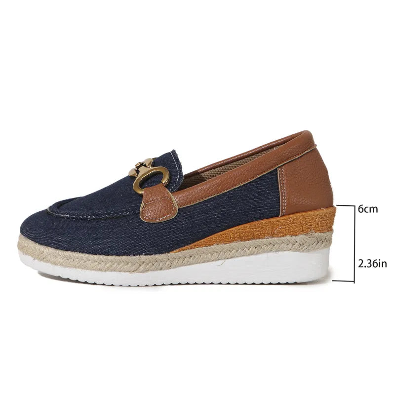Wedge Loafers for Women ⎜ Comfortable Slip - on Shoes with Horse Chain Appliqué for Comfort and Style