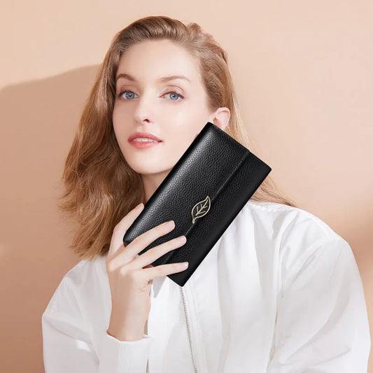 Women's Cowhide Leather Wallet ⎜ Long Design with Elegant Leaf Embellishment and Practical Clasp