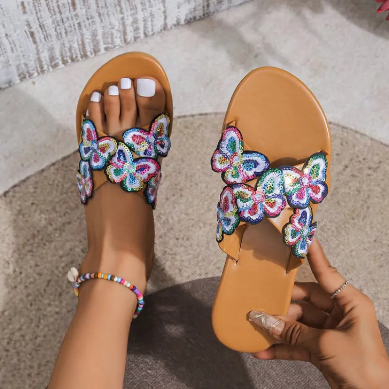 Women's Flat Sandals ⎜ Comfortable Summer Shoes with Butterfly Decor and Open Design for Beach & Leisure