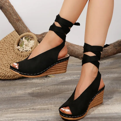 Women's Wedge Sandals with Laces ⎜ Comfortable Summer Shoes with a Round Toe and Open Toe Section