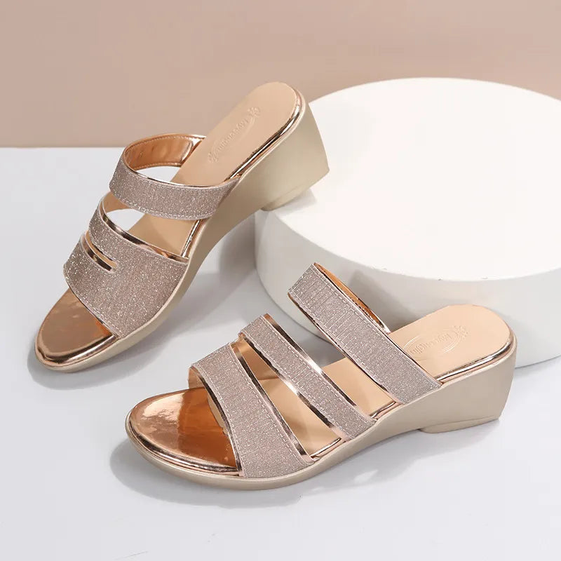 Women's Wedge Sandals with Glitter Straps ⎜ Elegant Summer Shoes with a Comfortable Heel and Non - Slip Sole