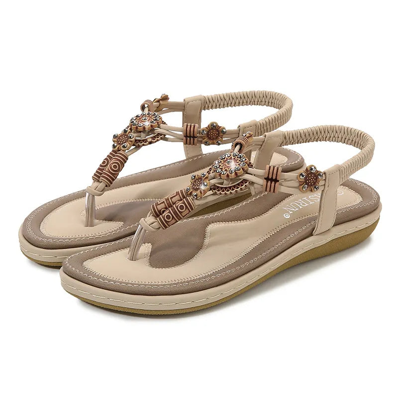 Women's Sandals with Wooden Beads ⎜ Comfortable Flat - Soled Shoes in a Casual Style with a Braided Design