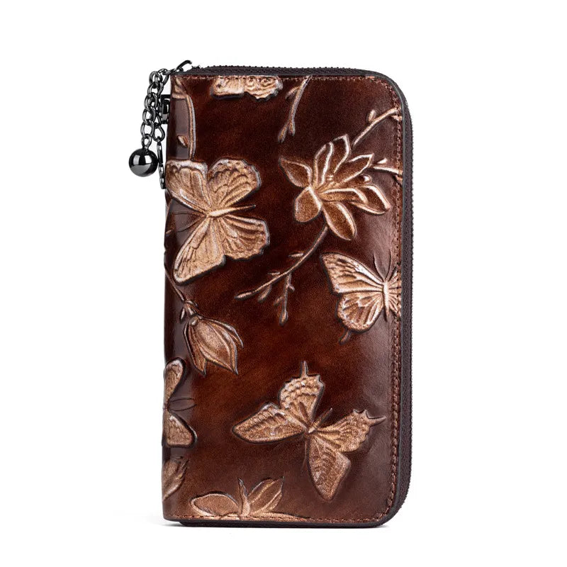 Women's Clutch with Zip ⎜ Vintage Design with Floral Embossing and Practical Wrist Strap