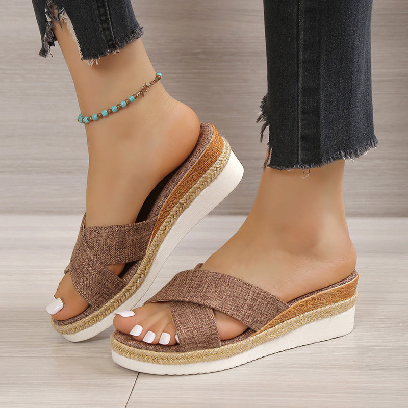 Women's Wedge Heel Slip - on Shoes ⎜ Comfortable Summer Shoes with Cross Straps and Open Design for Everyday Wear & Leisure