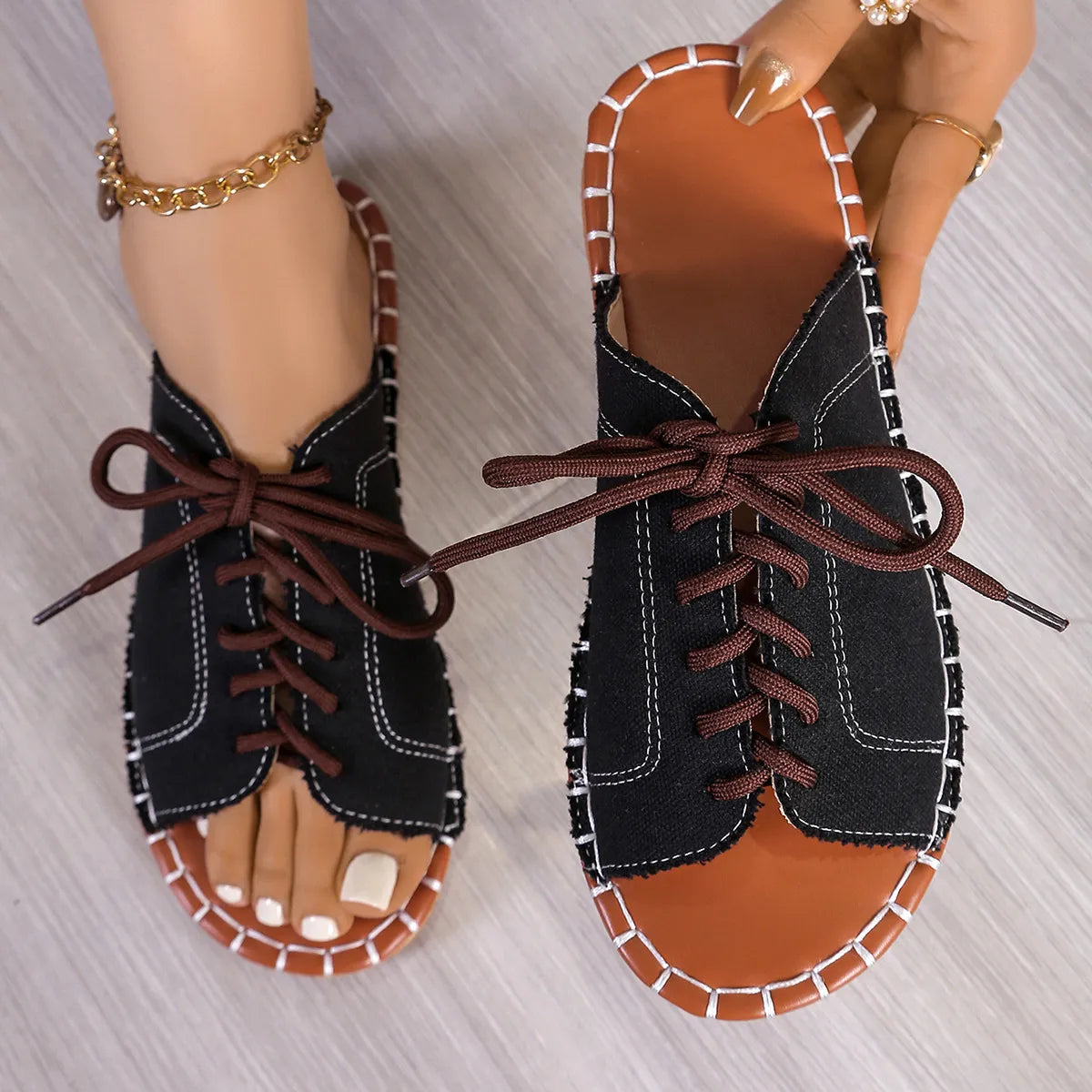 Summer Slip - on Shoes for Women ⎜ Comfortable Open Shoes with a Denim Look and Laces for Leisure and Everyday Wear