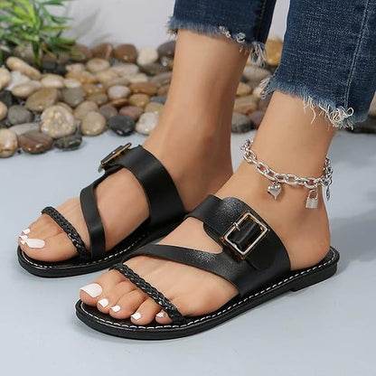 Women's Flat Slip - on Shoes ⎜ Comfortable Summer Shoes with Braided Strap and Adjustable Buckle