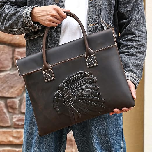 Real Leather Laptop Bag ⎜ Stylish Briefcase with Embossing and Practical Carrying Handles