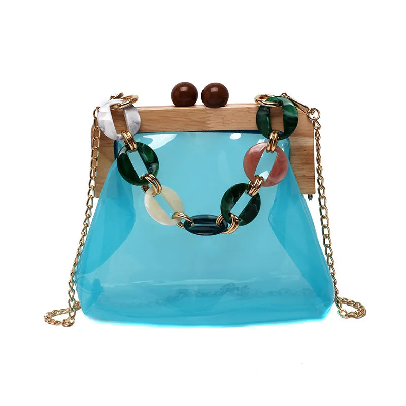 Transparent Shoulder Bag for Women ⎜ Fashionable Bag with Chain Detail and Wooden Clasp