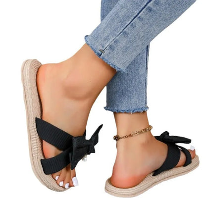 Mules for Women ⎜ Fashionable Summer Shoes with Jute Sole and Large Bow for Indoors and Outdoors