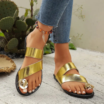 Flat Sandals for Women ⎜ Comfortable , Round Toe Cover with Shiny Design