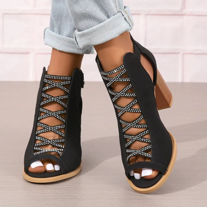 Women's High Heel Sandals ⎜ Elegant Summer Shoes with Block Heel and Fashionable Lacing for Everyday Wear & Events