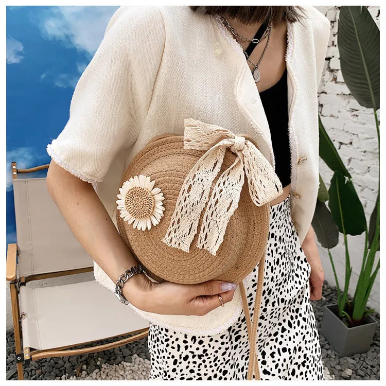 Women's Basket Bag ⎜ Handmade Shoulder Bag Made From Straw Wire with a Playful Floral Design