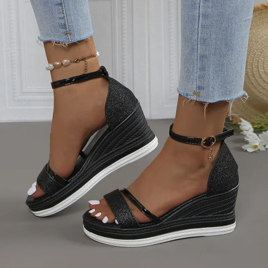 Women's Wedge Heel Sandals ⎜ Elegant Summer Shoes with Glitter Straps and Adjustable Ankle Strap