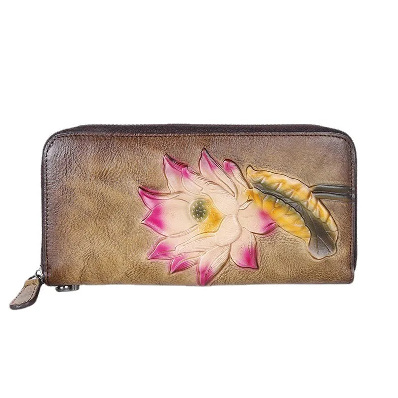 Women's Wallet with Zip ⎜ Long Design with Multiple Card Slots and Retro Floral Pattern