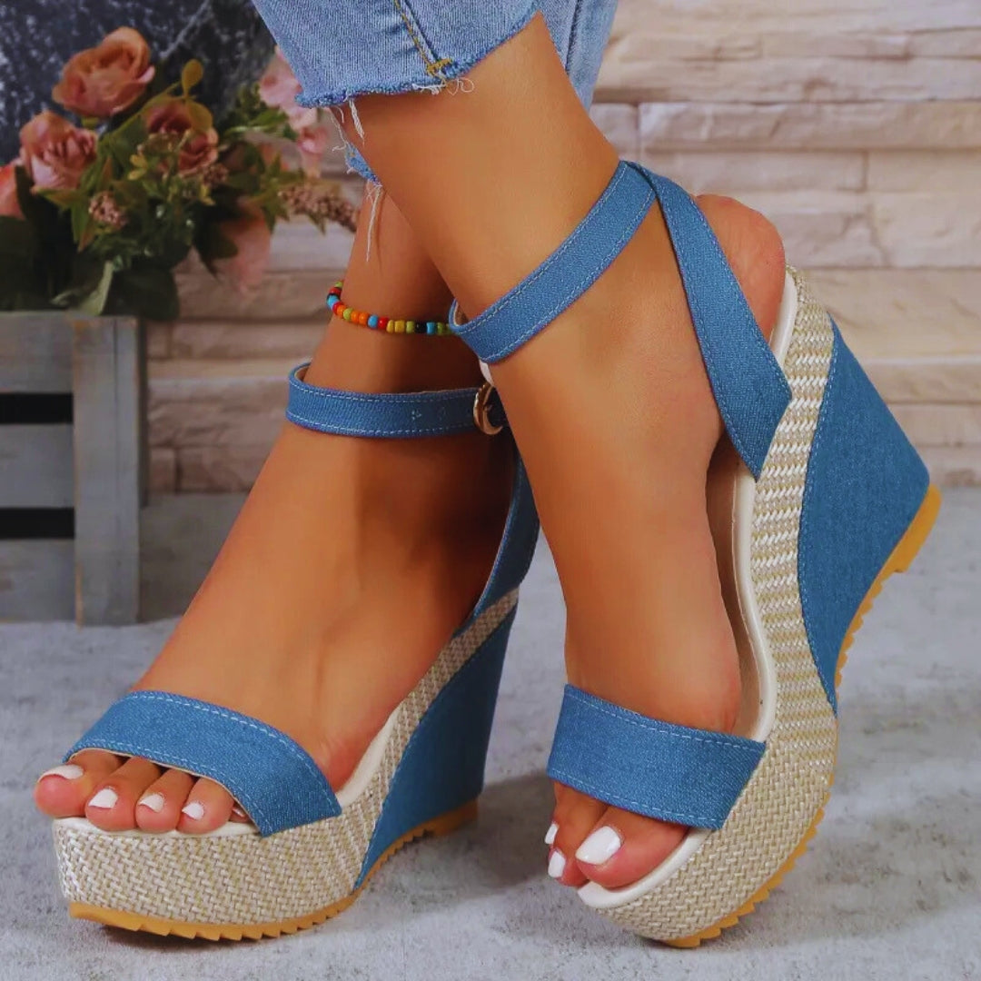 Women's Wedge Sandals ⎜ High Summer Shoes Made From Denim with Ankle Strap and Non - Slip Sole