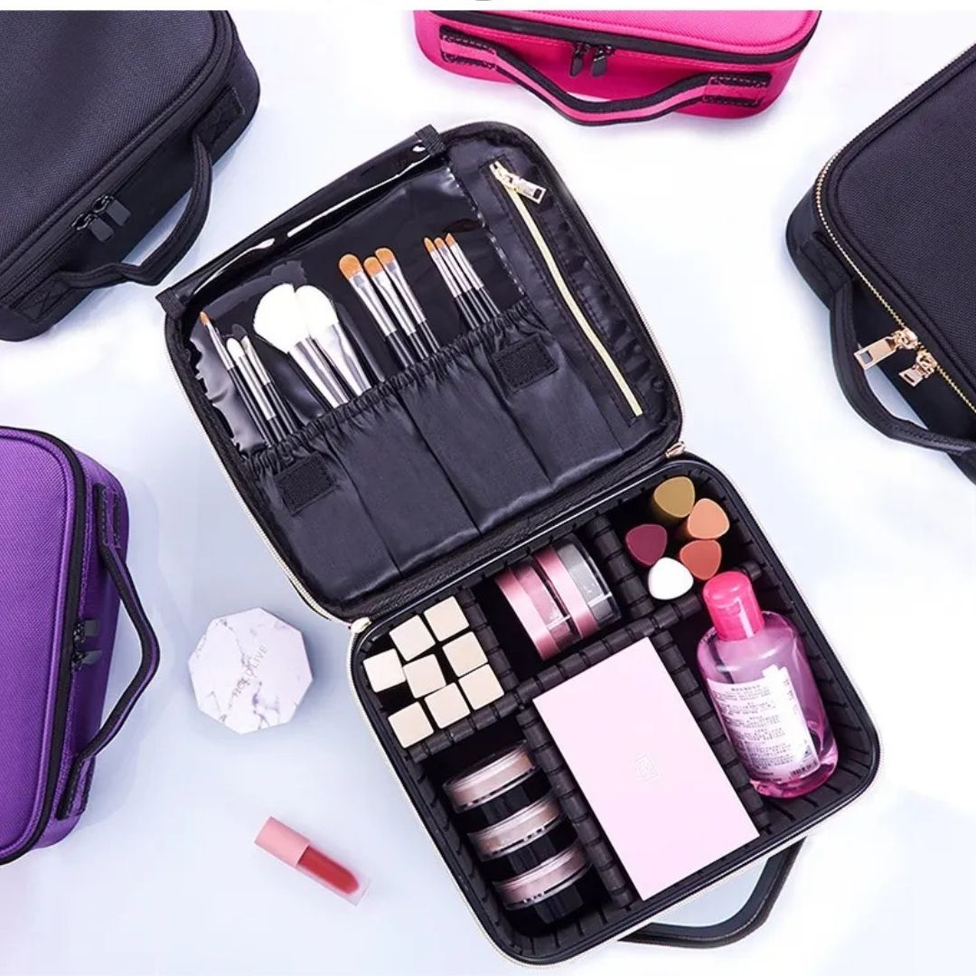 Cosmetics Bag for Women ⎜ Compact Travel Storage with Compartments and Practical Brush Holder
