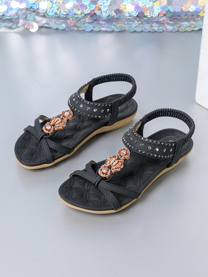Flat Sandals for Women ⎜ Comfortable Summer Shoes with an Elasticated Strap and Sparkling Decorative Stones