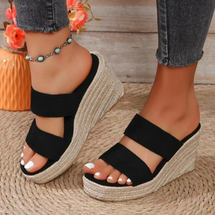 Wedge Heel Slippers for Women ⎜ Summery Sandals with Rope Sole and Comfortable Double Strap