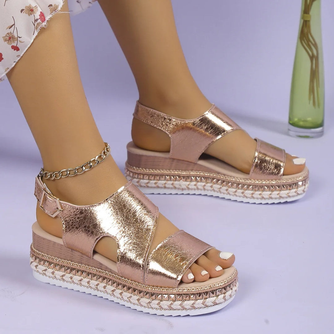 Women's Wedge Sandals ⎜ Comfortable Summer Shoes with an Elasticated Strap and Non - Slip Sole in a Metallic Look