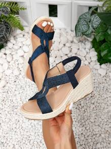 Women's Wedge Sandals with Platform ⎜ Elegant Summer Shoes with Elasticated Strap and Comfortable Raffia Sole